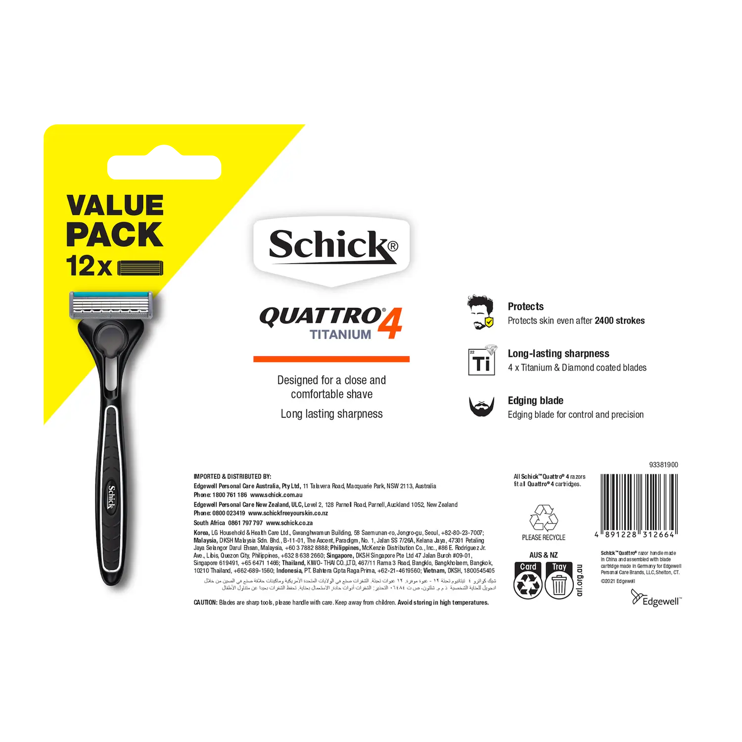 Quattro 4 Titanium Men's Razor Blade Refills 12pk