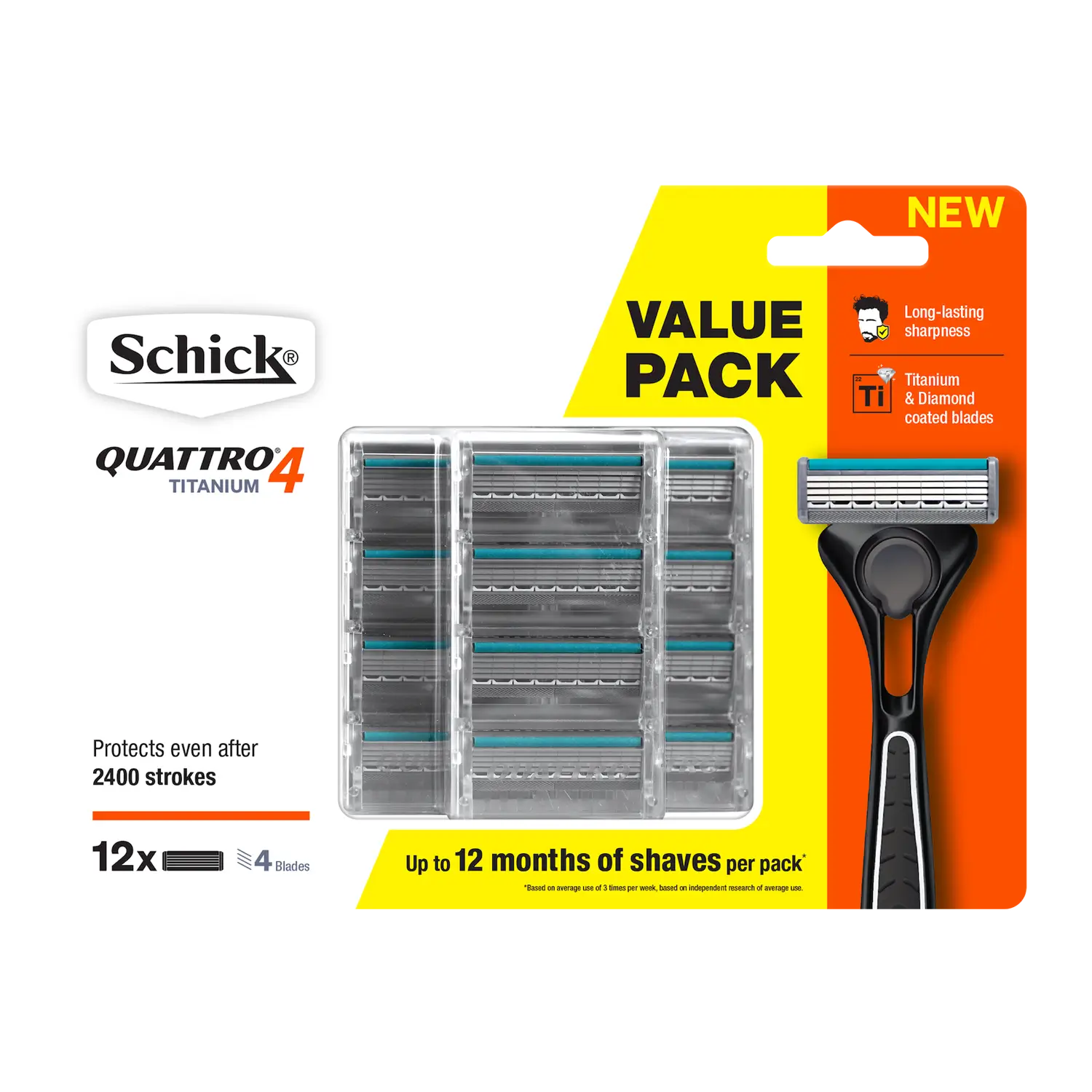 Quattro 4 Titanium Men's Razor Blade Refills 12pk