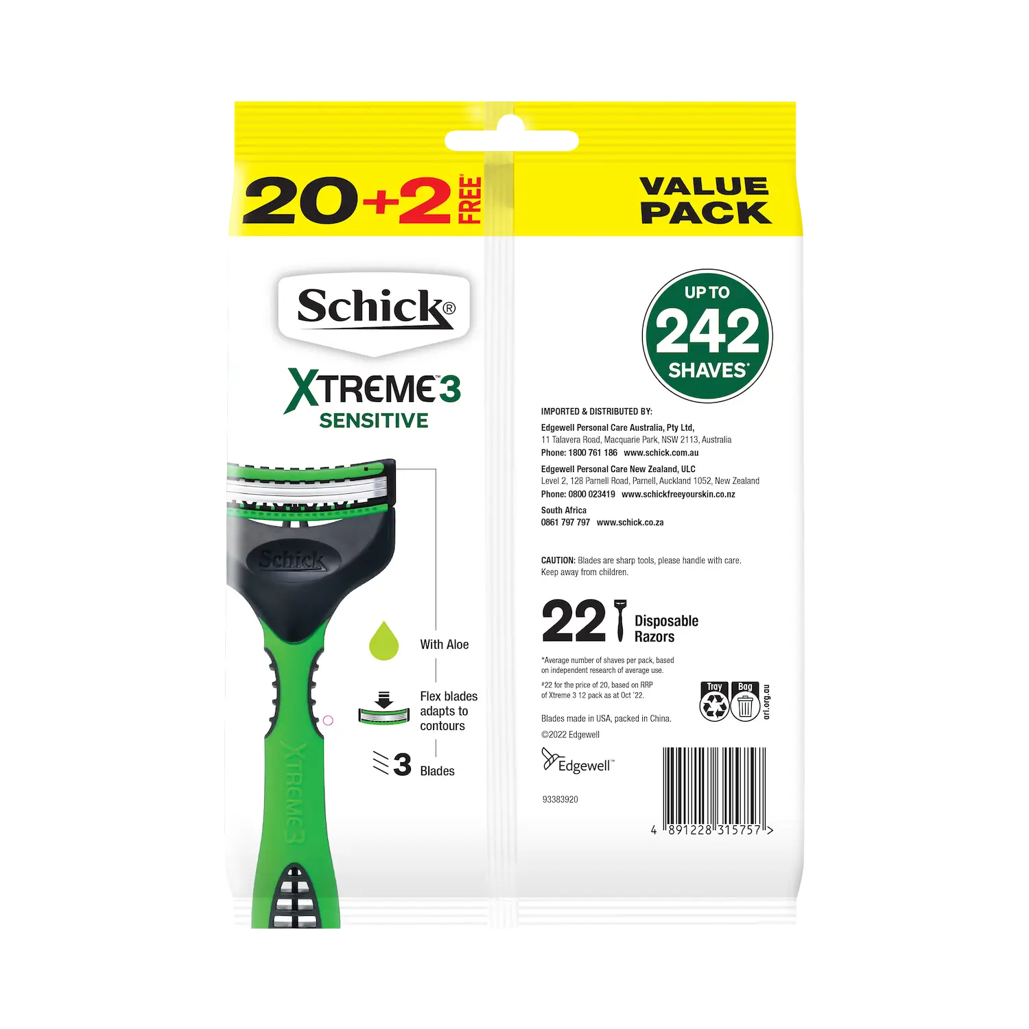 Xtreme 3 Sensitive Men's Disposable Razor 20+2pk